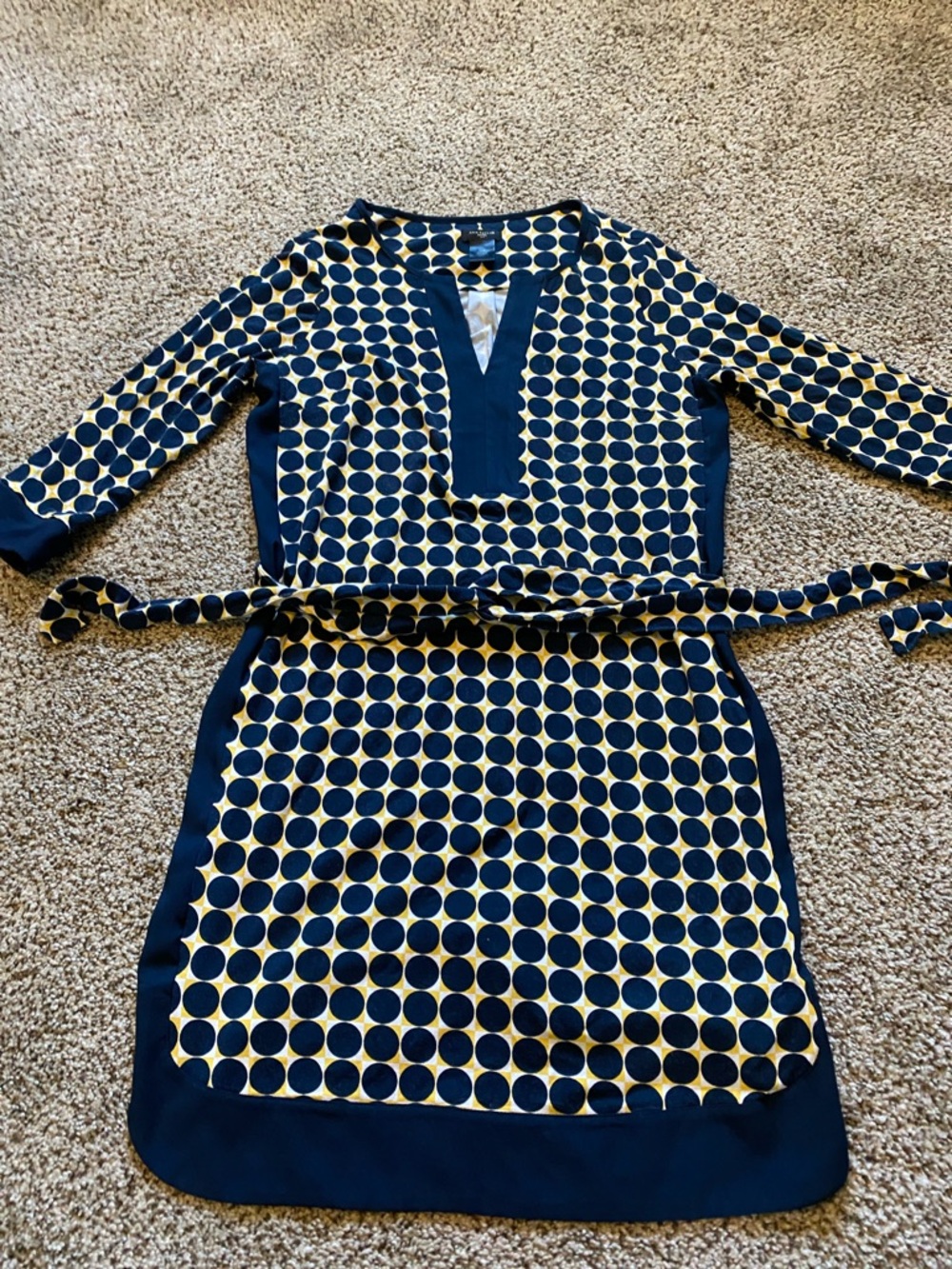 Ann Taylor Navy & Cream Polka Dot Long Sleeve Shift Dress